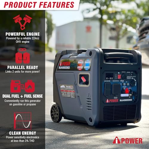 Image of A-iPower 5800-Watt Dual Fuel Quiet Portable Inverter Generator, Electric Start RV Ready, EPA & CARB Compliant CO Sensor, with Telescopic Handle for Backup Home Use, Tailgating & Camping (SUA5800iED)