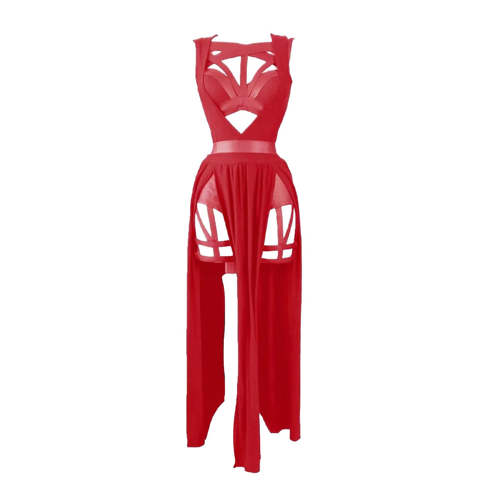 Generic Women Gothic Lingerie Lace Babydoll 3 PC Sheer Mesh Long Dresses Front Criss-Cross Crop Top and Skirt Lingerie: X-Large Red