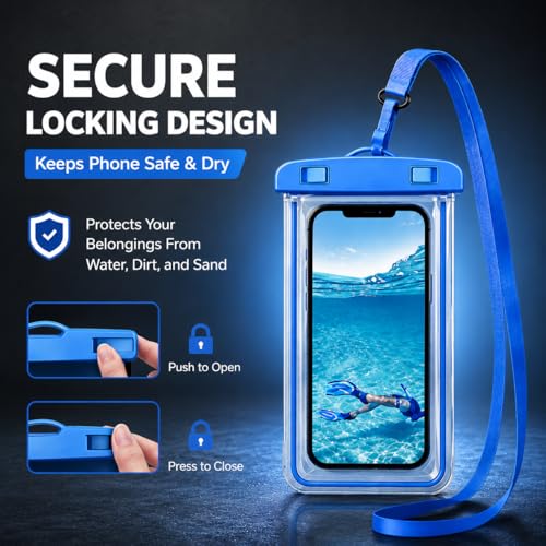 Image of PulGos Pack of 2 Waterproof Phone Pouch (Blue) | IPX8 Transparent Mobile Pouch with Lanyard | Secure Lock Clear Phone Cover for 𝐢𝐏𝐡𝐨𝐧𝐞 & 𝐀𝐧𝐝𝐫𝐨𝐢𝐝 | Swimming, Beach,Travel & Water Sports