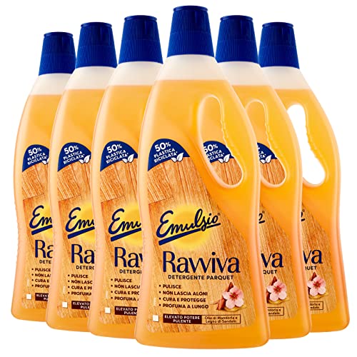 Emulsio Ravviva Parquet Detergente per Pavimenti in Legno Formula con Olio di Mandorla Estratti di Legno di Sandalo Elevato Potere Pulente Azione Protettiva Profumo Lunga Durata - 6 Flaconi da 750ml
