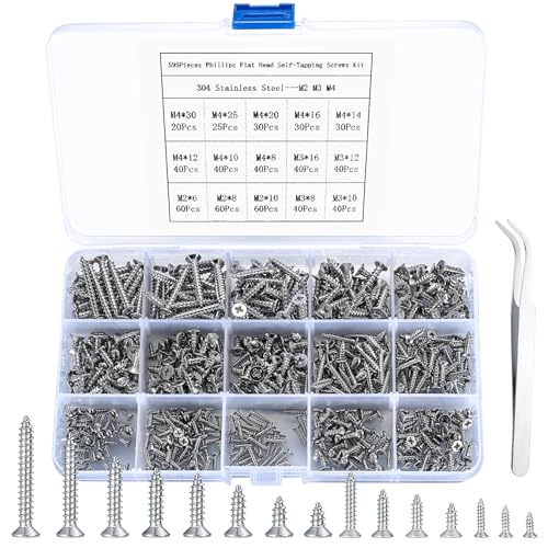 595 Piezas Surtido de Tornillos Autorroscantes, Tornillos Autoperforantes de Acero Inoxidable, Tornillos para Madera, Tornillos de Cabeza Cruzada Plana Redonda para Muebles - M2/M3/M4 (595pcs)
