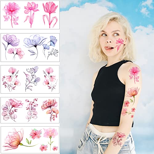 Casciybo Flower Temporary Tattoos For Women Girls, 10Sheets Fake Watercolor Rose Lily Tattoo Stickers Waterproof Art For Face Body Arm Kids Birthday Party Favors Makeup Supplies Gifts #TOP2