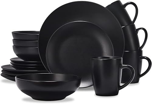 Matte Black Plates and Bowls Dishes Set, 16 Piece Stoneware Dinnerware Sets for 4, Ceramic Dinnerware for Home Restaurant, Dishwasher and Microwave Safe Ceramic Dishes Set for 4