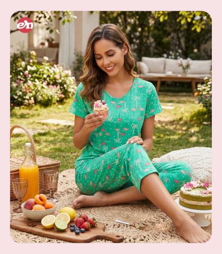Image of ENJOYNIGHT Womens Pajama Sets Cotton Pj Set Short Sleeve Top With Capri Pants Sleepwear 2 Piece Lounge Set