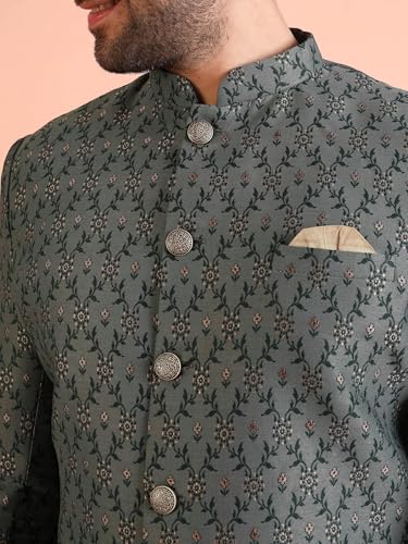 Kisah Men's Ethnic Wear Silk Blend Printed Regular Fit Grey- Beige Indo-Western Sherwani Set Indo-Western-40
