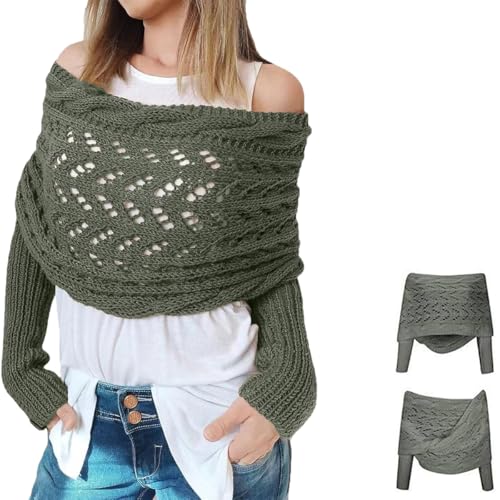 RUISHH Damen Gestrickter Schal mit Ärmeln Pullover Strick Cape Multifunktionsschal Zopfmusterschal Eleganter Poncho Grün Einheitsgröße