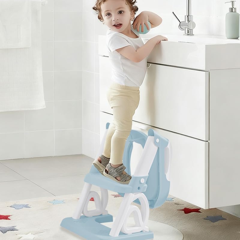 Reducteur Toilette Enfant avec Marche, Stabiliser Rehausseur avec Structures Triangulaires, Adaptateur Toilette Enfant avec Coussin,Pot toilette pour bébé, Antidérapant et Pliable,PVC (bleu)