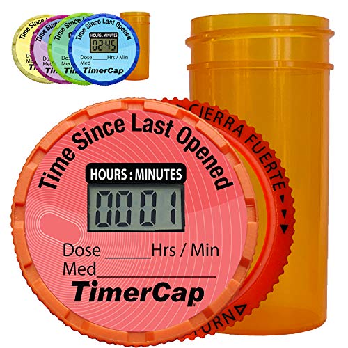 TimerCap Automatically Displays Time Since Last Opened - Built-in Stopwatch Smart Pill Bottle Cap Medication Reminder Case (Qty 4-1.8 oz Amber Bottles) EZ -Twist/CRC