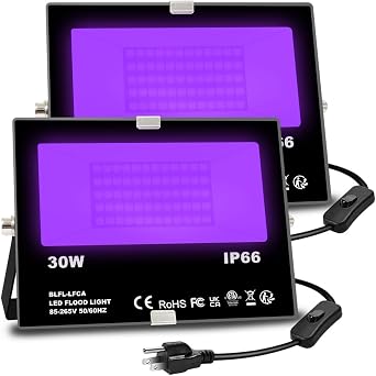 MELPO Black Light 30W LED Blacklight Flood Light Outdoor for Glow Party, Halloween Decoration, Body Paint, Fluorescent Poster, Neon Glow, IP66,US-Plug-Switch-6.7Ft Cord 2 Pack