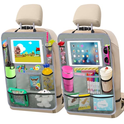 Image of Car Backseat Organizer ,2 Pack Car Organizer Back Seat with 11 inch Tablet Holder, 10 Storage Pockets Seat Back Protectors Kick Mats for Kids Toddlers, Travel Accessories (Grey)