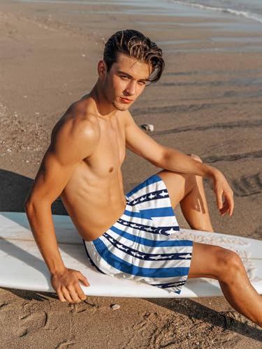 Mens Swim Trunks with Compression Liner,Ocean Shark Stripe Men's Inseam Board Shorts Quick Dry Bathing Suit for Men/Boys3