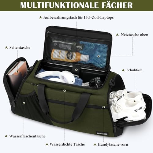 Sporttasche Herren 40L Groß Sporttaschen Reiserucksack Mehrere Taschen Rucksack mit Schuhfach Nassfach Wasserdicht für Schulter und Hand Trainingstaschen Weekender Tasche Sports Bags Armeegrün