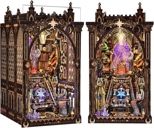 CRESYMME ブックヌック ドールハウス リーズ ミニチュア ハウス ログハウス キット 木製 立体パズル 手作り 大人向け LEDライト付き（星読みの塔）