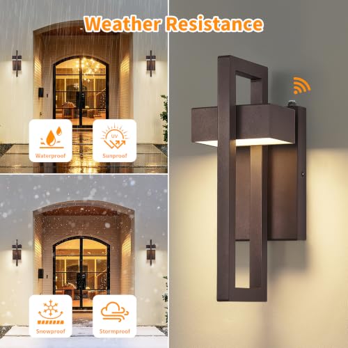 Image of 16.5'' LED Outdoor Wall Sconce Dusk to Dawn Outdoor Lighting, Brown, 1 Pack | Auto On-Off, Built-in LED, Modern Front Porch Light Fixtures, IP65 Waterproof Exterior Sensor House Lights for Garage, 3000K