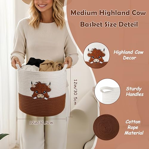 Image of Highland Cow Cute Basket for Nursery, Woven Cotton Rope Storage Basket for Kids, Baby Blanket Organizer with Handles, Storage Basket for Blanket Towel Toys Clothes, Highland Cow Decor, Medium