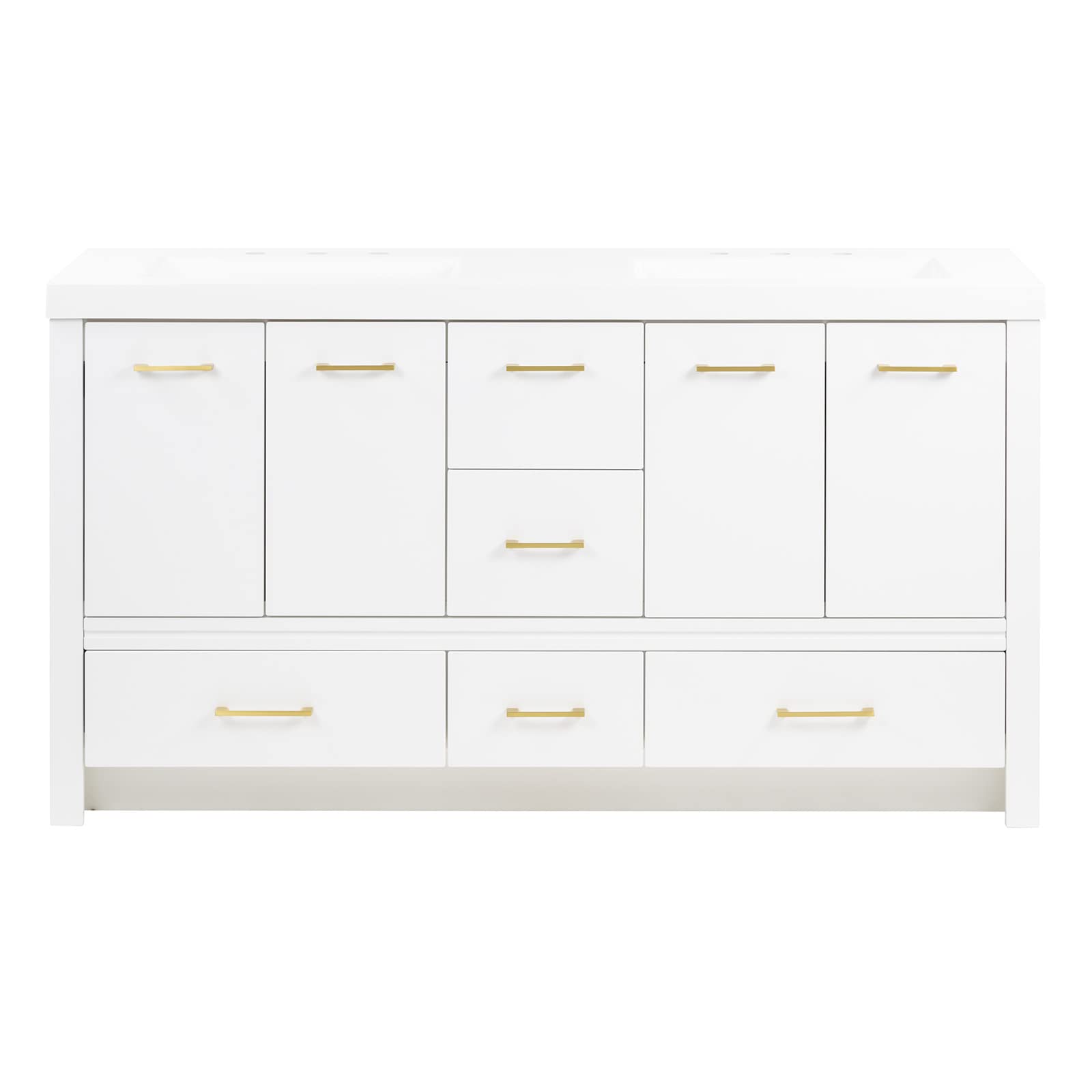Spring Mill Cabinets Hali Double Bathroom Vanity with 2 Cabinets, 5 Drawers, and White Countertop with 2 Integrated Sinks, 60.5" W x 18.75" D x 34.14" H