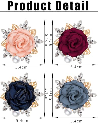 Image of 4Pcs Rose Flower Brooch Pin Handmade Crystal Pearl Fabric Flower Boutonniere Lapel Pin Wedding Party Dance Dress Suit Clothing Accessories for Women Pink Red Blue Grey Color