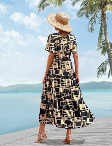 Image of YESNO Women Casual Loose Bohemian Floral Dress with Pockets Short Sleeve Long Maxi Summer Beach Swing Dress EJF