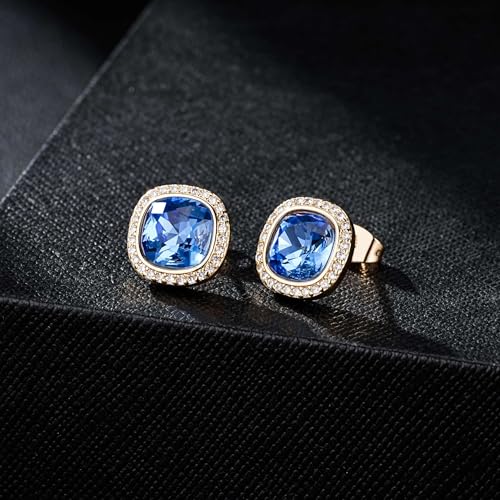EVEVIC Austrian Crystal Halo Square Stud Earrings for Women 14K Gold Plated Birthstone Earring Hypoallergenic Jewelry Gifts4