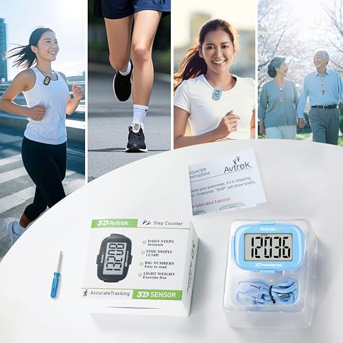 AVTREK 時間表示付きクリップ式歩数計、LEDバックライト、ウォーキングやランニングに最適、大画面、大型デジタルディスプレイ き (青)
