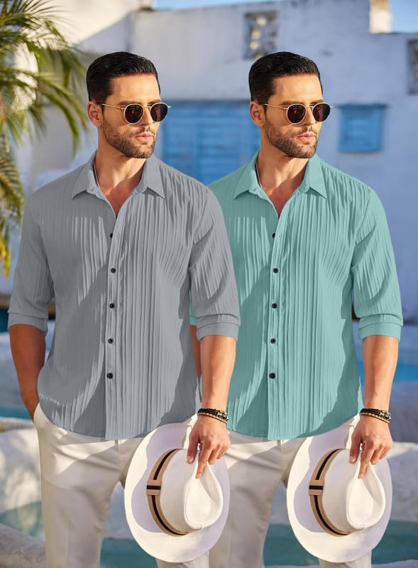 Image of FINIVO FASHION Men's Cotton Blend Shirt Set Lightweight, Full Sleeves, Plain Texture, Button Closure, Summer Ready (Pack of 2)