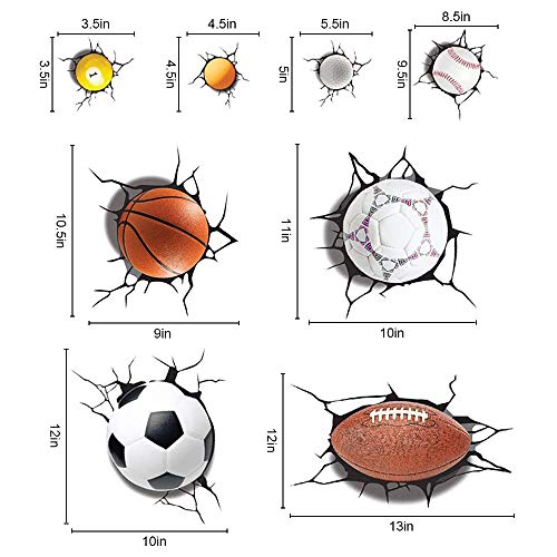 Supzone Sport Balls Wall Decals 3D Wall Stickers Break Through The Wall Removable Vinyl Diy Basketball Rugby Baseball Football Wall Decor Boys Playroom Bedroom Classroom Living Room #TOP6