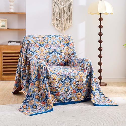 Image of XIBLC Boho Throw Blanket for Bed, 100% Cotton Soft Rustic Quilt Fall Blanket, 90 inchx98 inch Floral Printed Farmhouse Decor Bed Blankets, All Season Rustic Reversible Bohemian Throw Quilt