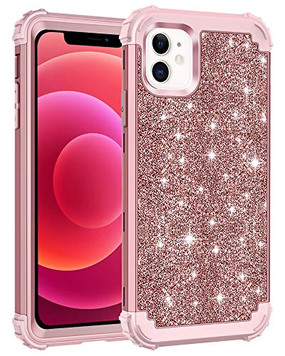 Lontect Compatible with iPhone 12 Case and iPhone 12 Pro Case 6.1 inch 2020 Glitter Sparkly Bling Shockproof Heavy Duty Hybrid Sturdy Protective Cover Case, Shiny Rose Gold
