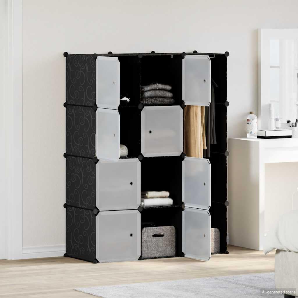 Modularer Schrank mit 9 Fächern 109x36,5x143cm Schwarz Weiß, Kunststoff Kleiderschrank mit Garderobenstange, Regal Ablage, Aufbewahrung für Schlafzimmer und Ankleidezimmer