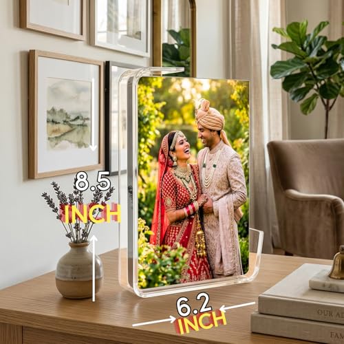 Image of Personalized Acrylic Photo Frame with Curved Stand - 5mm Museum-Grade Transparent Liquid Glass Acrylic - Custom 3D Floating Picture Frame for Wedding, Anniversary, and Luxury Home Decor