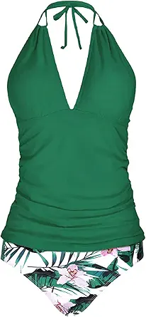 Yonique Womens Two Piece Swimsuits Tummy Control Tankini Plus Size Bathing Suit Halter V Neck Swimwear