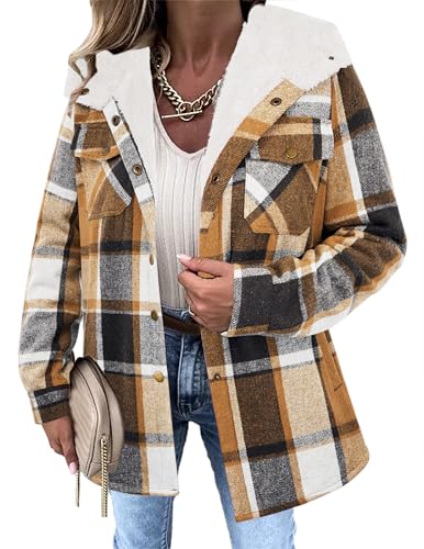 Image of Zeagoo Jackets For Women Plaid Shacket Long Sleeve Flannel Shirts Fleece Hooded Warm Coat Winter Fall Clothes