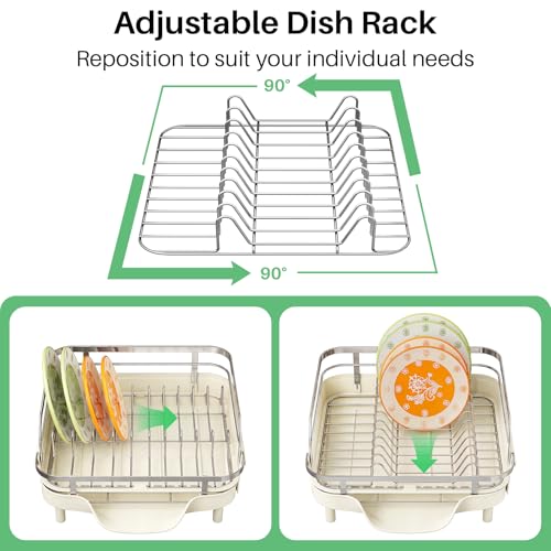 Image of SAYZH Dish Drying Rack - Expandable Dish Rack for Kitchen Counter, Rust-Resistant Dish Drainer with Utensil Holder and Raised Guardrail, Kitchen Organizer for Cup and Bottle (Beige)