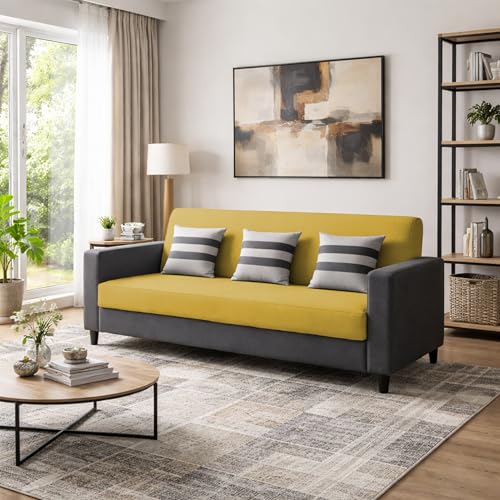 Image of Casaliving Amara 3 Seater Sofa Set for Living Room (Black Yellow Colour Fabric) Premium Fabric Sofa