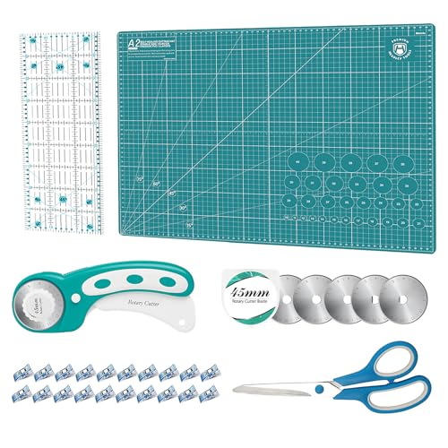 Juego de cortadores giratorios – Kit de acolchado incluye cortador de tela de 45 mm, 5 cuchillas giratorias adicionales, alfombrilla de corte autorreparable A2, regla acrílica y clips de costura