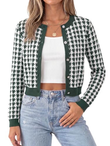 Arach&Cloz Womens Cropped Cardigan 100% Cotton Checkered Sweaters Long Sleeve Crewneck Button Up Lightweight Plaid Knit Tops Trendy Office Work Casual Cute Clothes Spring Summer 2026 Green S