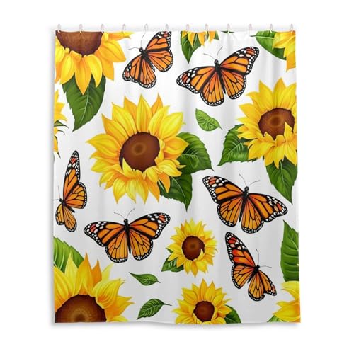 DUOBU Sunflowers Butterflies Shower Curtain Washable Waterproof Fabric Bath Curtain 60x72Inch Shower Curtains with Hooks for Bathroom Decor