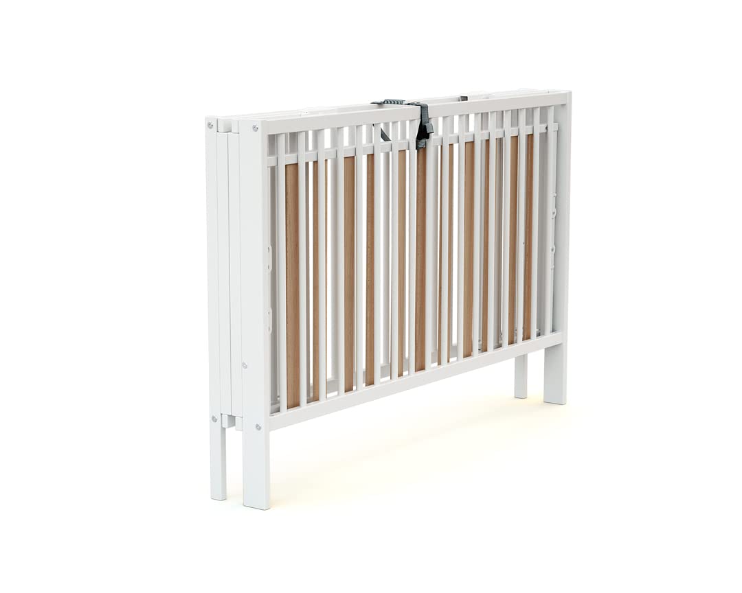 AT4 - Lit bébé Pliant 60x120 Essentiel Hêtre Verni | 124 x 64 x 82 cm | Lit Pliable | Sommier réglable 2 Niveaux intégré au lit (Blanc, Lit bébé)