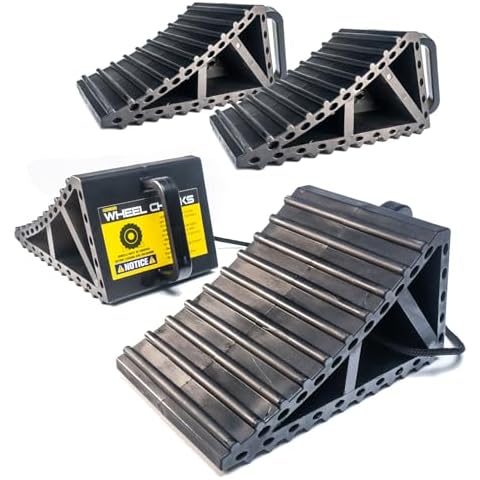 Anti Slip Heavy Duty Wheel Chocks - 4 Pack Tire Chocks for for Cars, RVs, Trucks - All Weather Use RV, Camper, and Trailer Stabilizer Accessory with Easy Grip Handles & Connector (4-PACK, BLACK) Cover