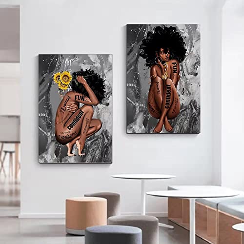 Black African American Girl Wall Art Women Portrait Decor Abstract Canvas Paintings Prints Pictures Posters Love For Living Room Girls Sunflower Bathroom Office Decorations No Frame 16X24In(40X60)Cm #TOP2