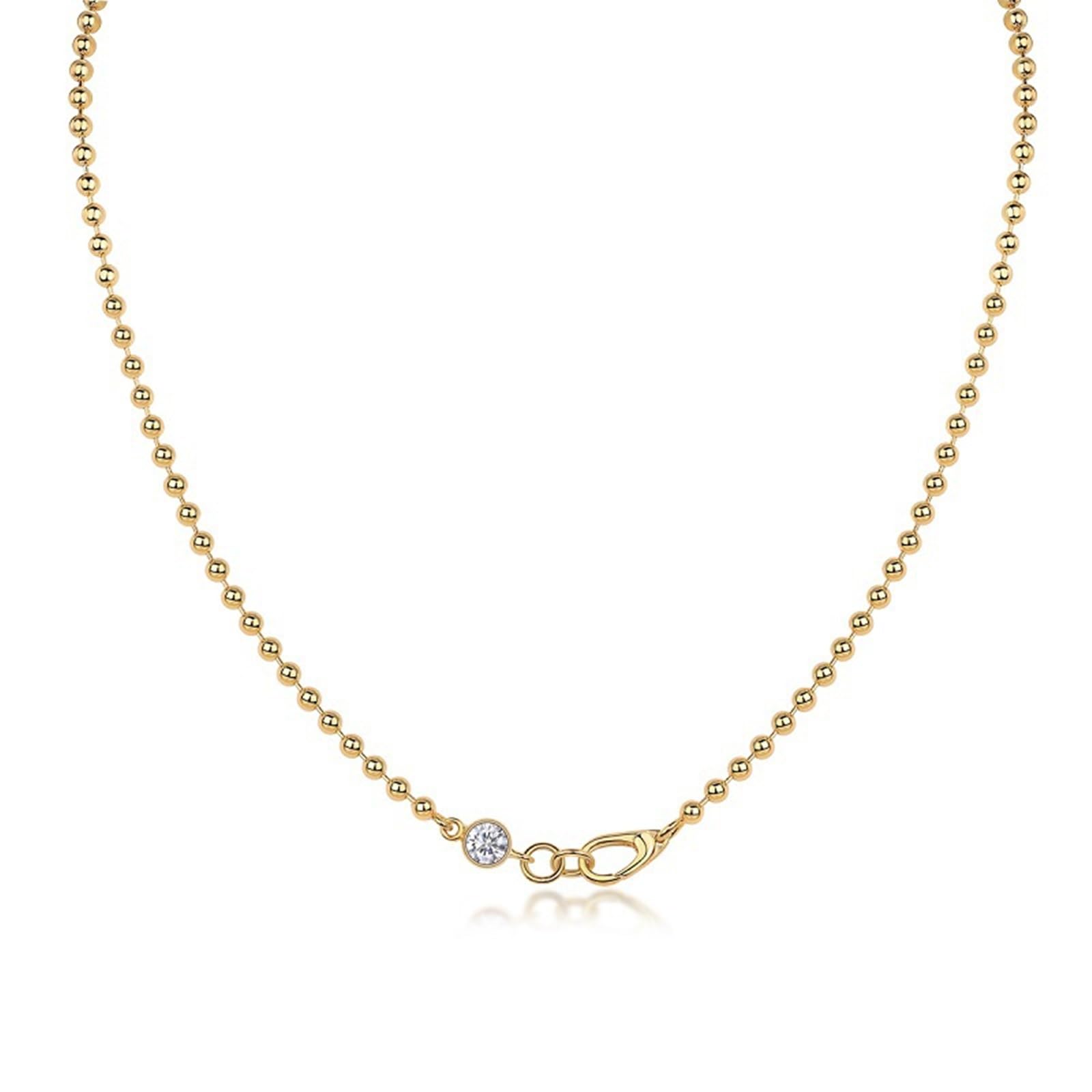Halskette Gold Lang, Damen Kugelkette mit rundem Moissanit Ketten Anhänger aus Gelbgold, 45cm