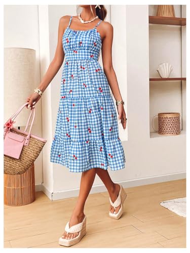 Image of MakeMeChic Women's Cherry Gingham Cami Dress Spaghetti Strap Ruffle Tiered Summer Midi Dresses Blue Large