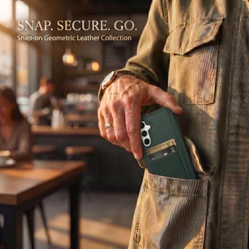 Image of amazon basics Premium Vegan Leather Back Cover with Card Holder and Integrated Mobile Stand for Samsung Galaxy S23FE 5G - Slim Shockproof Wallet Case with Geometric Stitching [Green]
