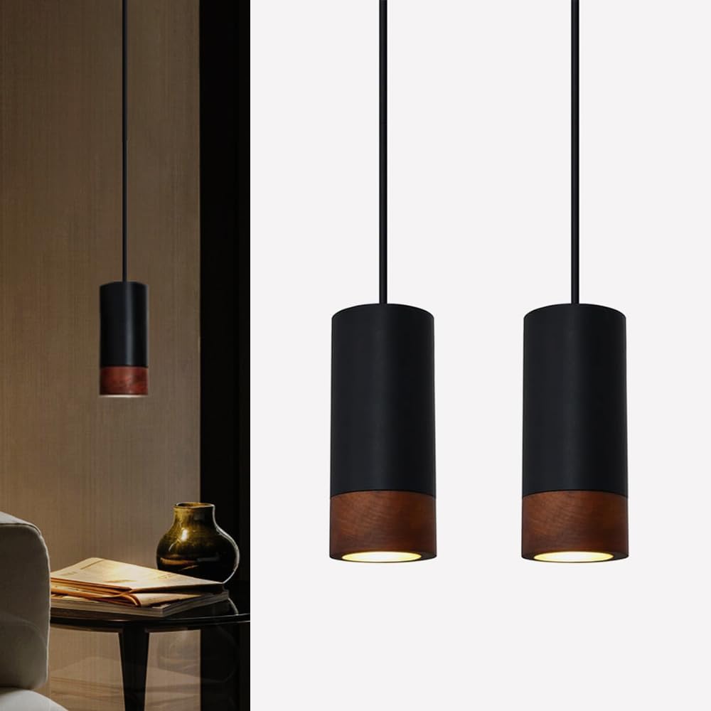 Lámpara Colgante de Madera,2pcs Lámpara Colgante Cocina,Vintage Cilindro Lámpara Comedor Colgante,Aluminio Industrial Lampara Techo Salon Colgante Negro GU10 para Sala de Estar Dormitorio