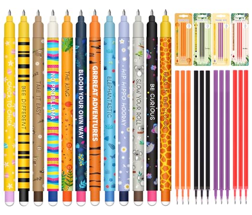 Conjunto de 12 canetas de gel apagáveis 12 recargas pretas, com tinta de apagamento termossensível, Kawaii, vários desenhos de animais, multicolorido sensível à temperatura, 0,7 mm
