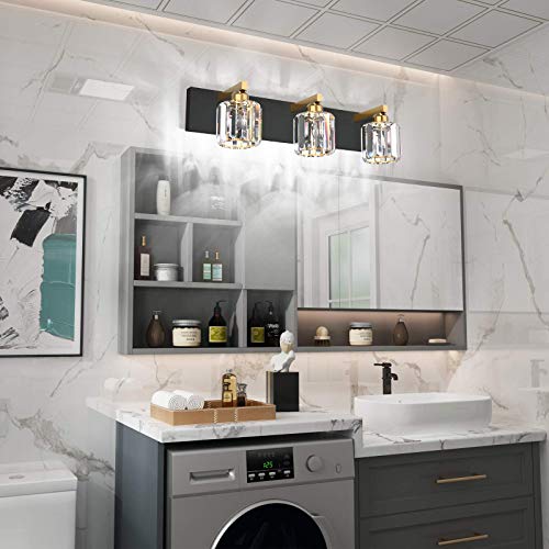 Image of Aipsun Crystal Vanity Light Black Bathroom Vanity Lighting Fixtures 3 Lights Modern Vanity Light for Bathroom (Exclude Bulb)