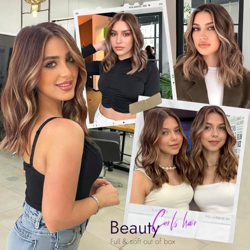 Image of Eawwii Wigs for Women Brown Highlight,Short Wavy Synthetic Lace Wig | Glueless 4x1 Lace Hairline, Heat-Resistant Fiber,Bob Wave Style,Natural Appearance for Everyday Cosplay 18 Inch