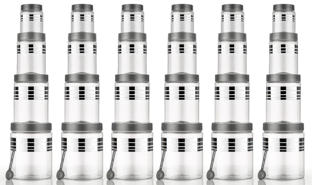 Anshri Plastic Printed Silver Line Airtight Jar Container Set Transparent Masala Box For Kitchen Organizer Storage Jar For Spice,Pack of 24 (6 Pcs of Each 250ml, 350ml, 650ml, 1200ml with 24 Spoons) 4