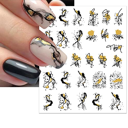 Wokoto 12 Sheets Black Gold Marble Nail Stickers For Women Nail Art Decals 3D Self-Adhesive Black Gold Marbling Print Design Lines Nail Design Stickers For Women Girls Gradient Nail Stickers Nails #TOP4