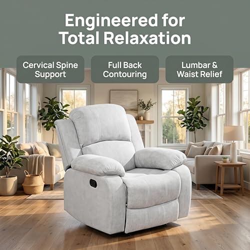 Image of Recliner Chair, Single Leather Lazy Boy Recliner Chair with Home Theater Seating, Oversized Recliner Breathable Living Room Reclining Chairs for Adults Reading Gaming Leisure Relax, Grey White